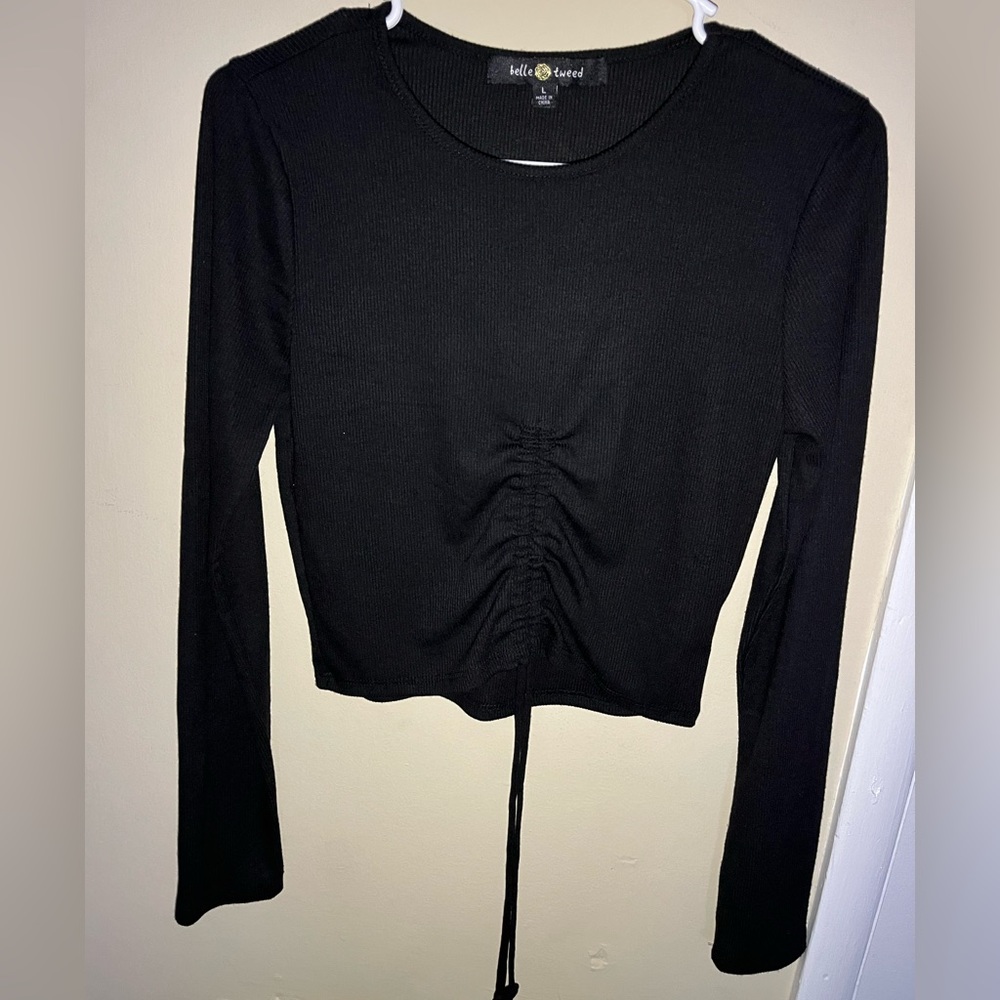 Black long sleeve front tie ruched